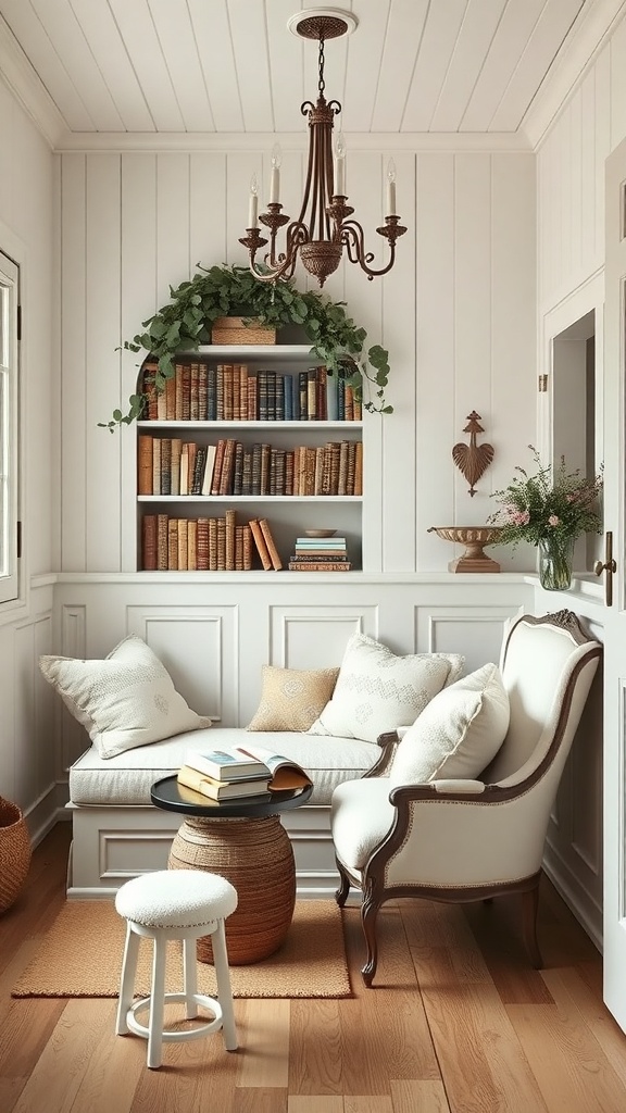 Cozy reading nook featuring a plush armchair, bookshelves, and decorative elements.