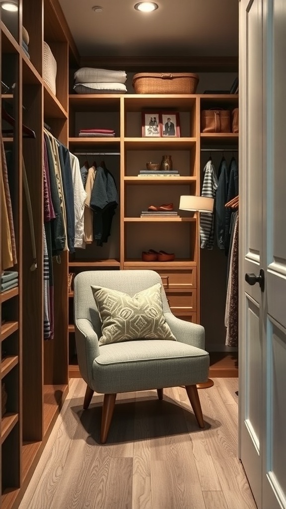 A cozy seating corner in a walk-in closet featuring a light-colored chair with a decorative pillow and organized wooden shelves.