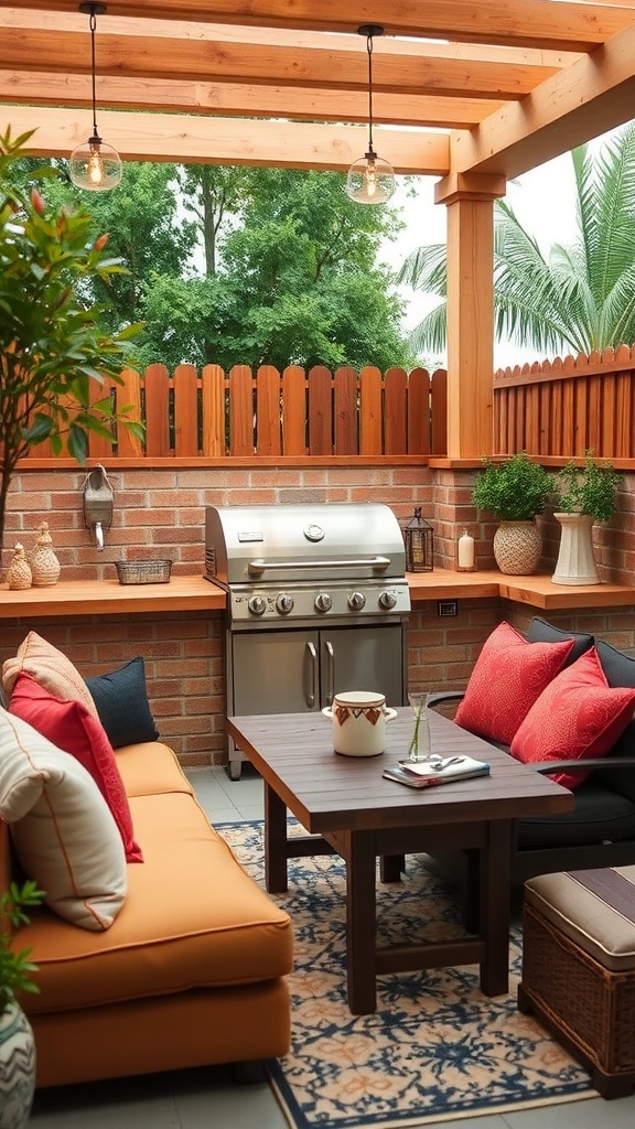 Cozy outdoor seating area with a grill, colorful cushions, and a wooden pergola.