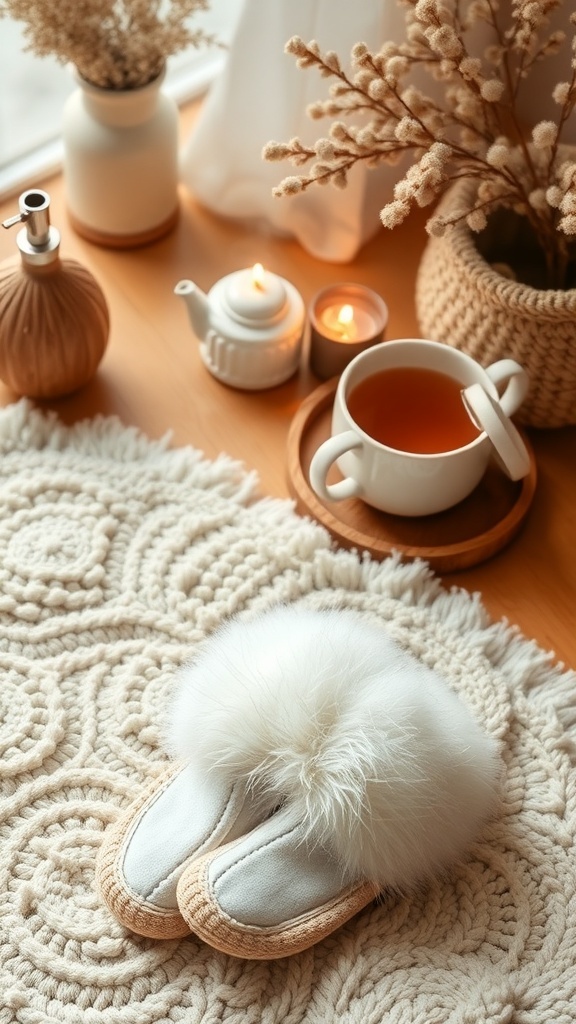 Cozy slippers with fluffy tops placed on a textured rug, surrounded by a cup of tea, candles, and decorative flowers.