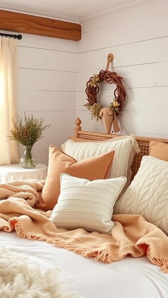 A cozy bedroom featuring a bed with layered blankets and pillows, a wooden clock on the wall, and a view of a kitchen area.