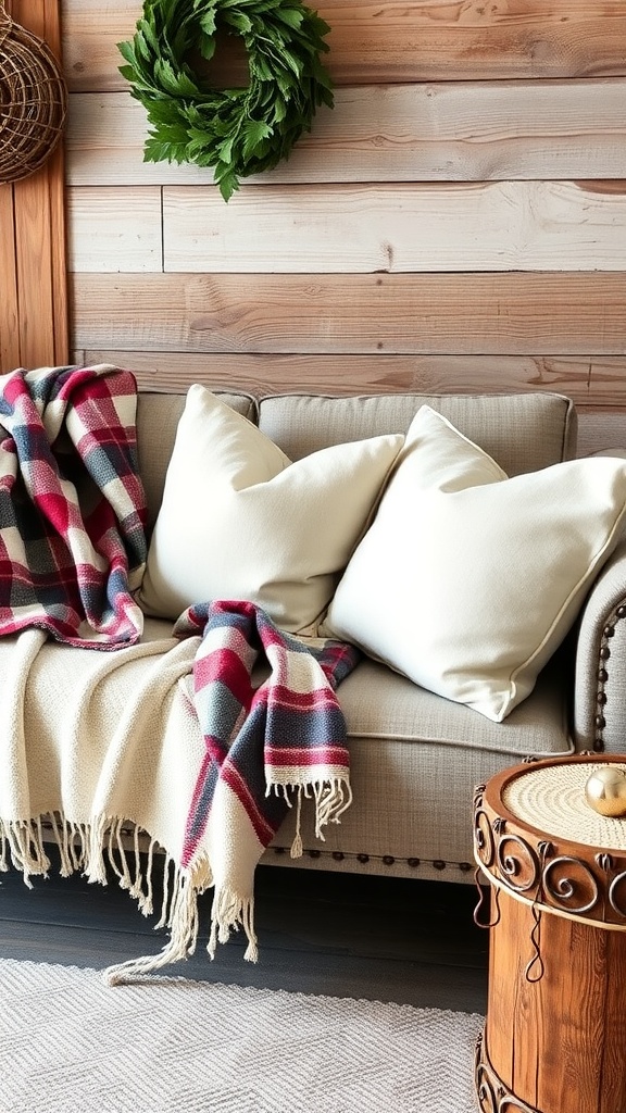 A cozy sofa with pillows and a plaid throw blanket, set against a wooden wall.