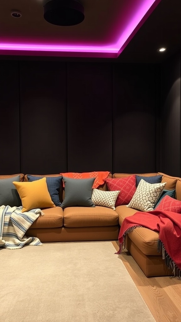 Cozy couch with colorful throw pillows and blankets in a home theater setting