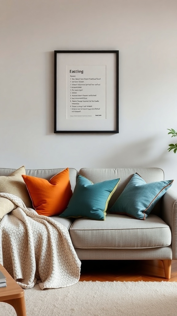 A cozy living room with a couch decorated with colorful throw pillows and a soft blanket.