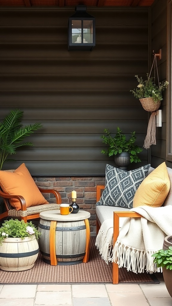 Cozy outdoor coffee bar setup with throw pillows and blankets