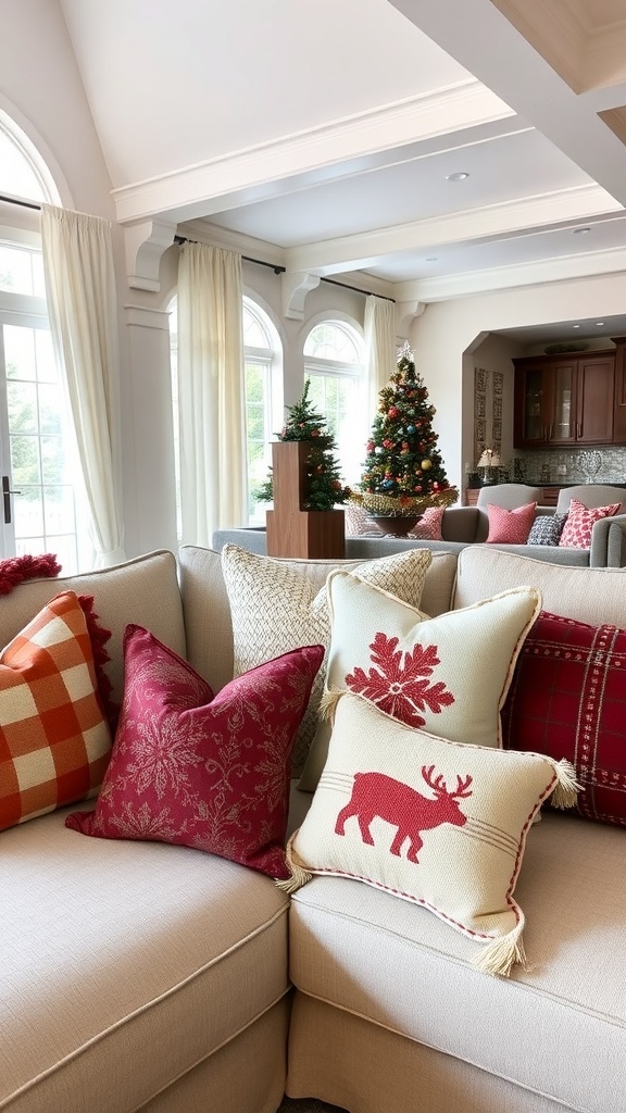A cozy living room with a variety of decorative throw pillows on a couch, featuring festive designs and colors.