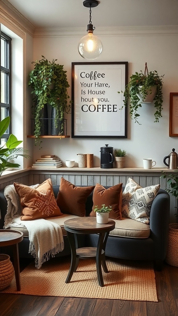 Cozy coffee bar area with a couch, throw pillows, and plants