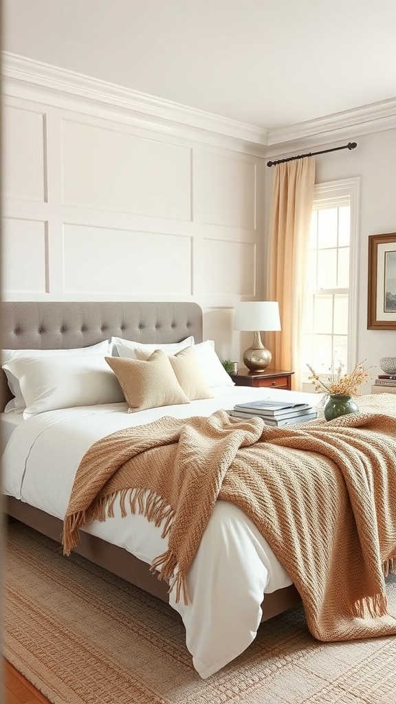 A cozy bedroom featuring a beige throw blanket draped over a neatly made bed with white bedding.