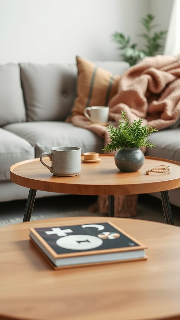 A cozy coffee table arrangement with warm throw blankets, mugs, and a small plant.