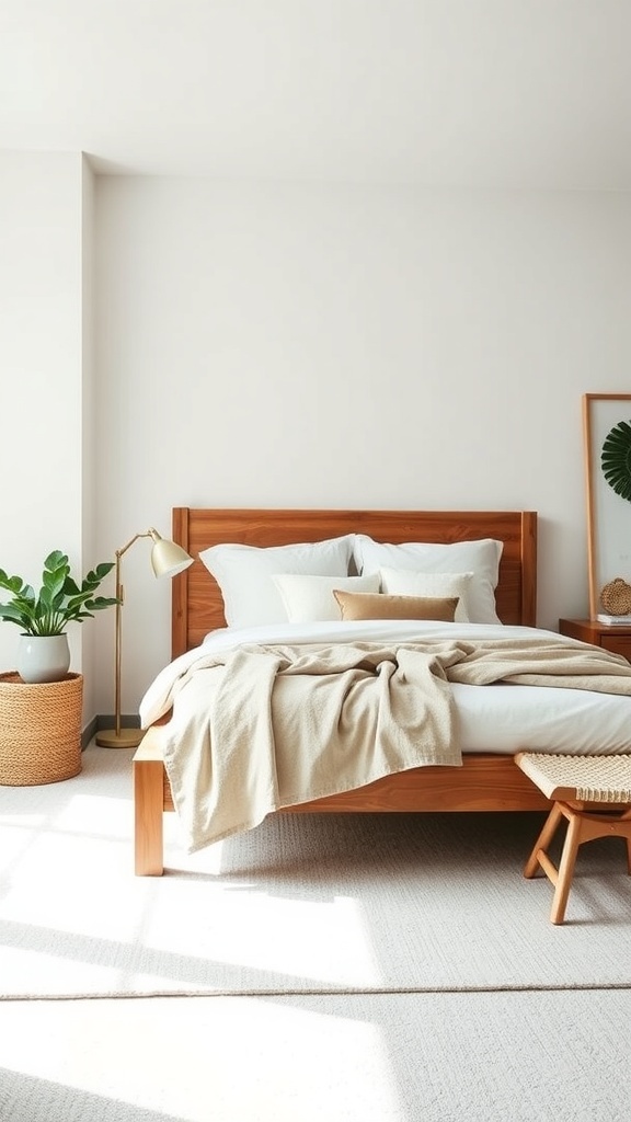 Cozy wooden bed frame with soft bedding and a warm atmosphere
