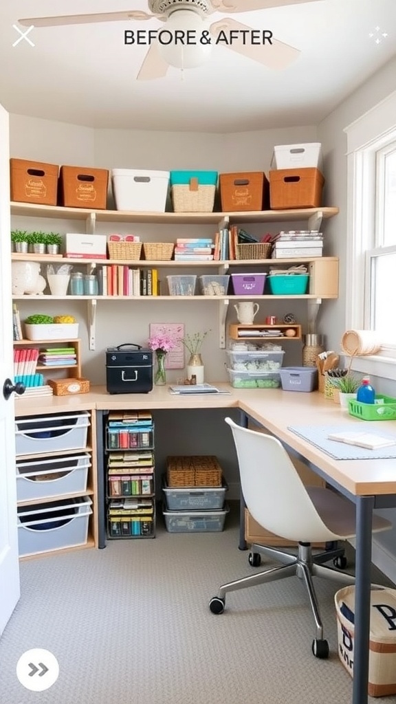 Before and after image of a craft room makeover showing organized storage.