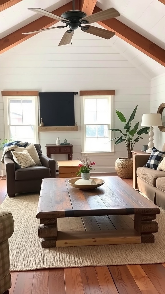 A cozy farmhouse living room featuring a rustic wooden coffee table, comfortable seating, and natural light.