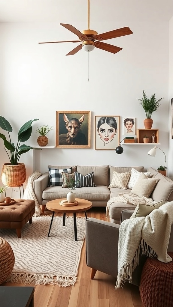A cozy living room featuring a soft sofa, unique art on the walls, plants, and warm lighting.