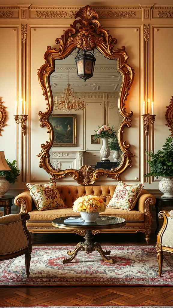 A cozy Rococo interior featuring ornate gold mirrors, a plush sofa, and elegant decor.