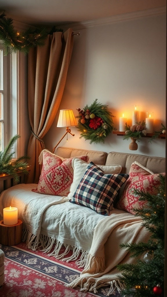 A cozy nook with a sofa, pillows, a blanket, candles, and seasonal decorations.