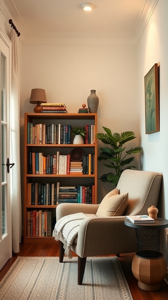 Cozy nook with a chair, bookshelf, and plant
