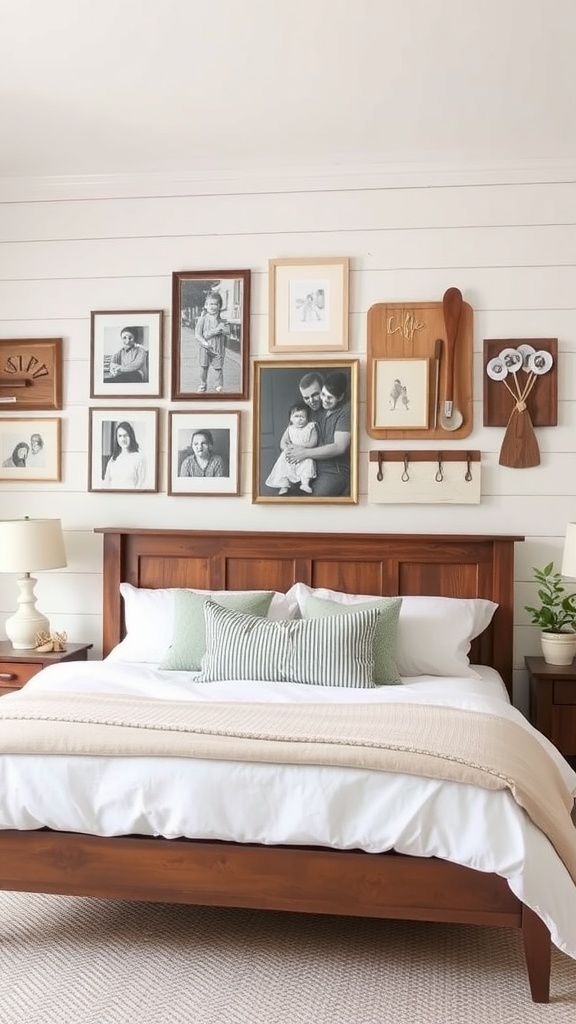 A cozy farmhouse bedroom with a personalized gallery wall featuring framed photos and rustic decor.