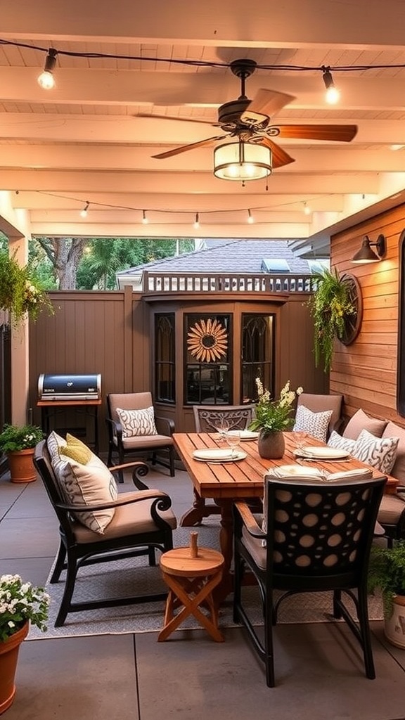 Cozy outdoor patio with comfortable seating, a wooden table, and warm lighting.