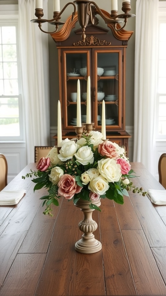 A floral centerpiece featuring pink and white roses in a pedestal vase on a wooden dining table, with a wooden cabinet in the background.