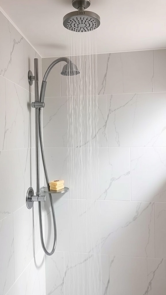 A modern shower with a rain showerhead and light-colored tiles, featuring a small shelf with soap.