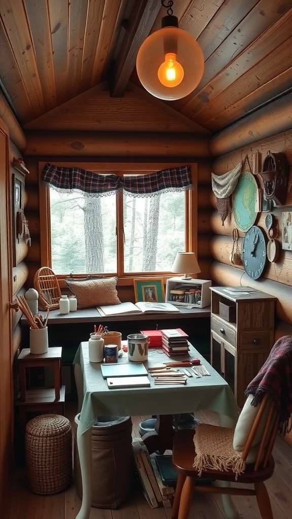 A cozy cabin crafting corner with wooden walls, a table filled with art supplies, and a window letting in natural light.