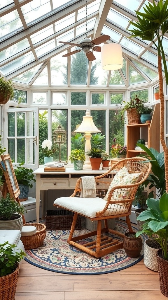 A cozy conservatory with a rattan chair, desk, and potted plants, creating a perfect crafting corner.