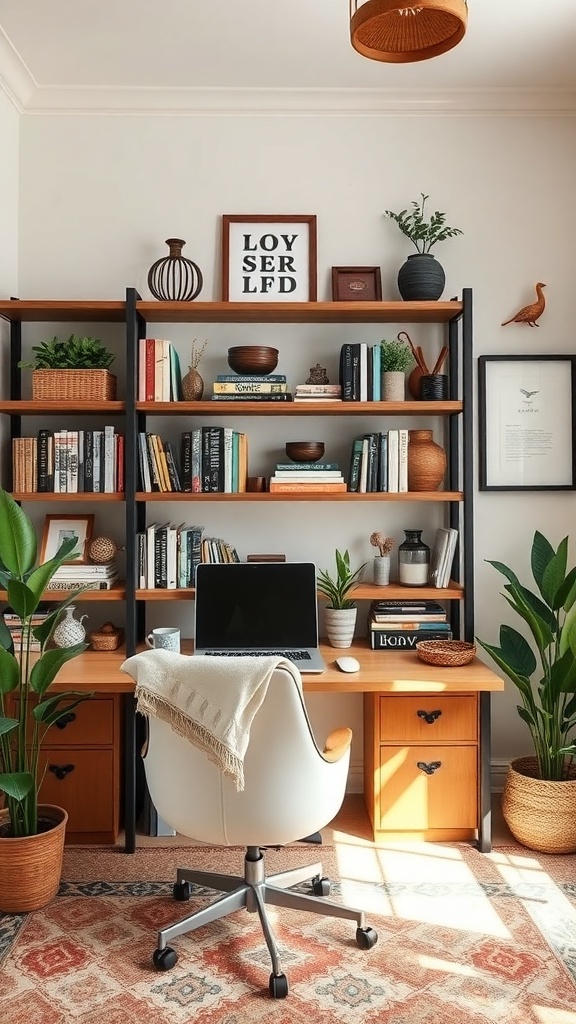 A stylish home office featuring custom shelving with books, plants, and decorative items.