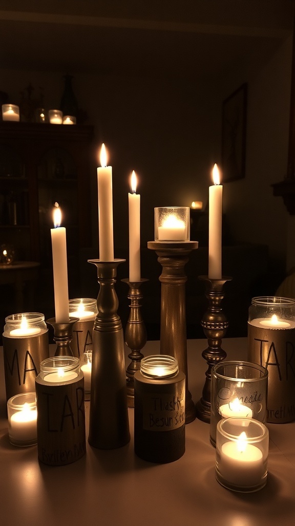 A cozy arrangement of various candle holders with lit candles, creating a warm atmosphere in a stylish living room.