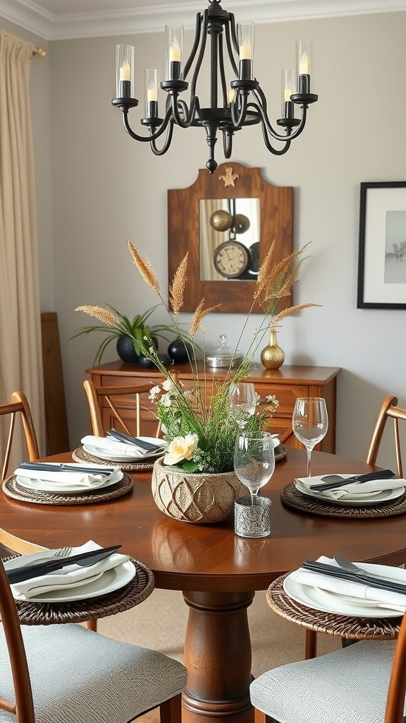 A beautifully set dining table with a unique centerpiece featuring flowers and decorative items.