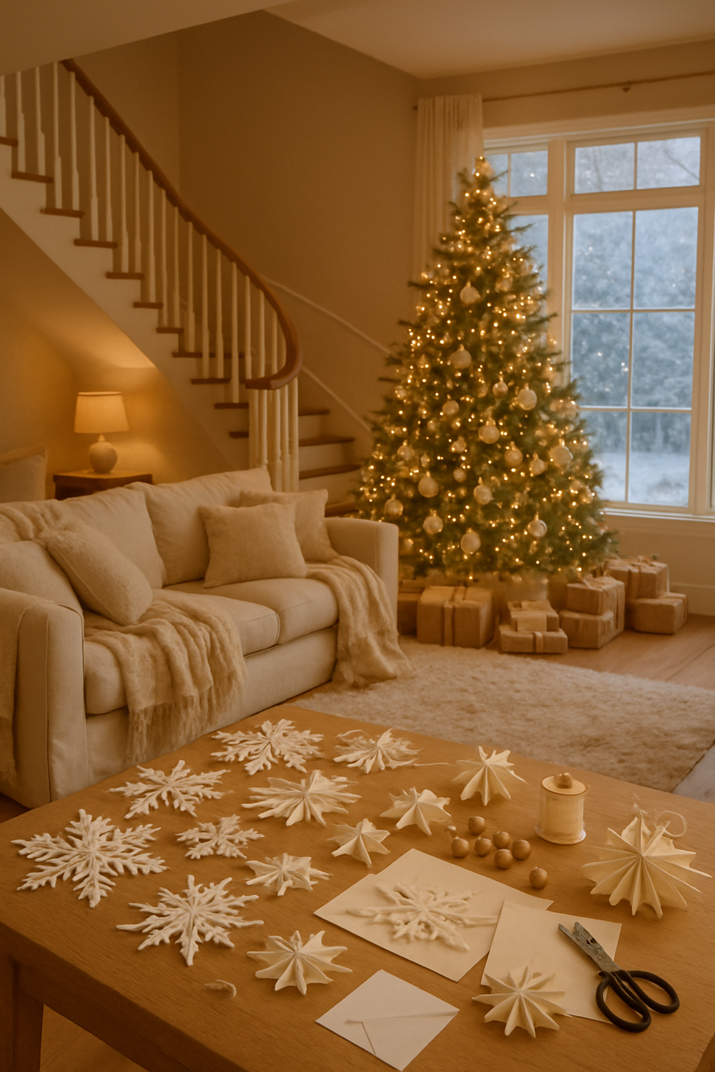 Cozy winter living room with a Christmas tree and handmade decorations on a table.
