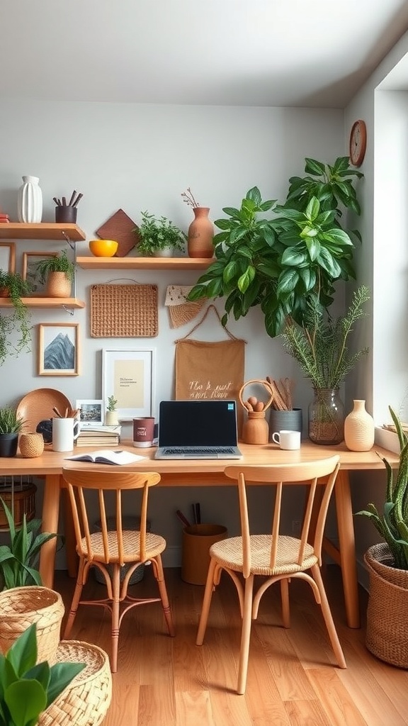 A cozy workspace featuring a wooden desk, natural decor items, and plants.