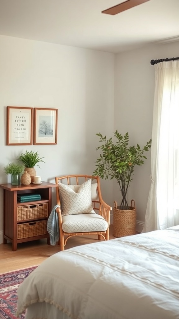 Cozy reading nook with a chair, side table, plants, and framed art.