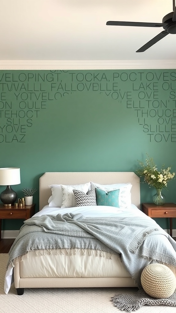 A bedroom with a green feature wall covered in text, a bed with decorative pillows, and stylish nightstands.
