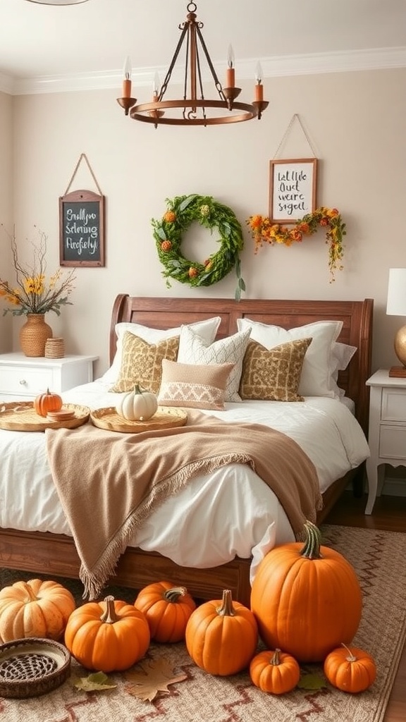 Cozy bedroom decorated for fall with pumpkins, a wreath, and warm colors.