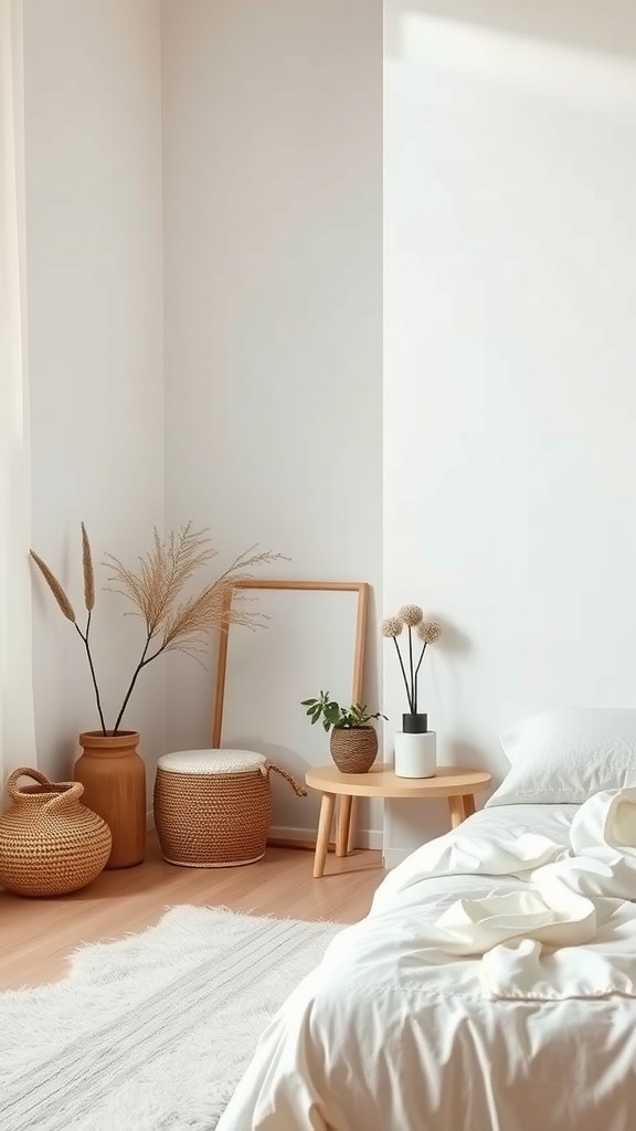 A cozy bedroom corner with natural decor and soft colors.