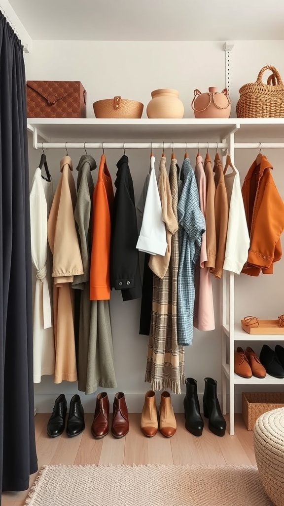 A neatly organized closet featuring a variety of clothing items and shoes.