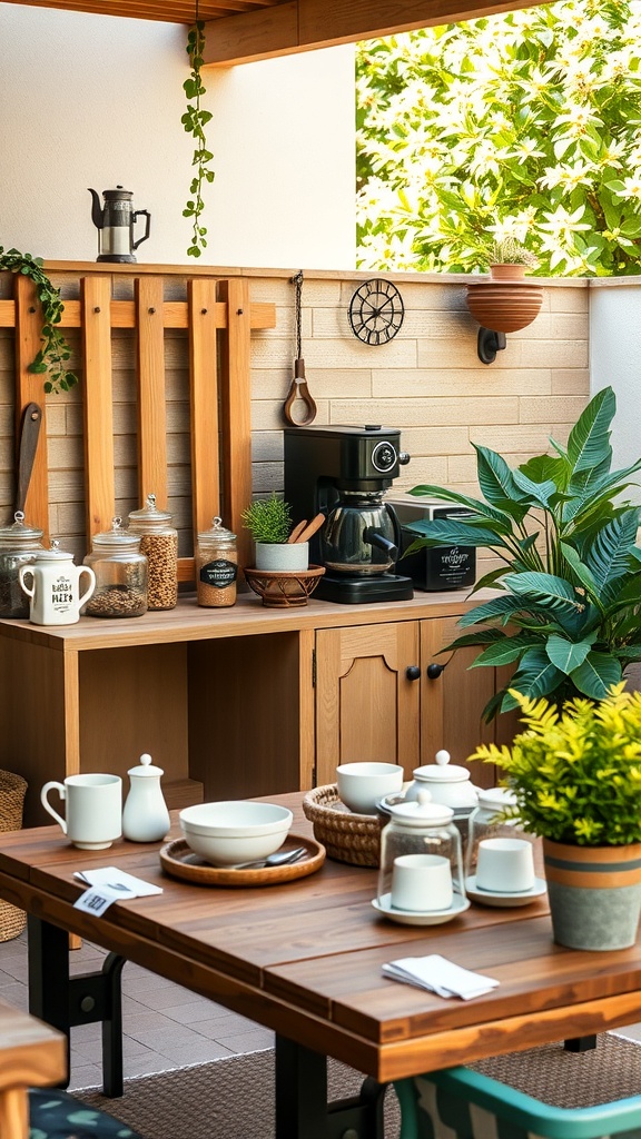 A cozy outdoor coffee bar setup featuring a wooden counter with a coffee maker, jars of coffee beans, and potted plants.