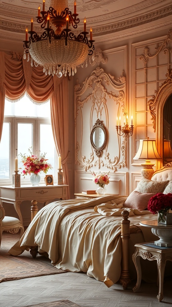 A romantic Rococo bedroom featuring soft fabrics, elegant drapes, and vintage decor.
