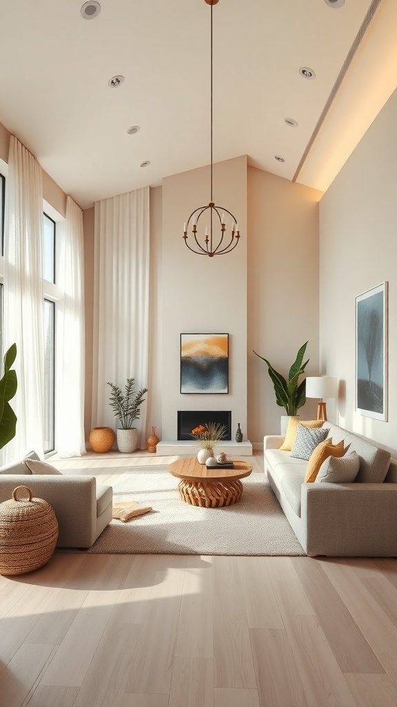 A cozy boho living room with large windows, natural light, and soft furnishings.