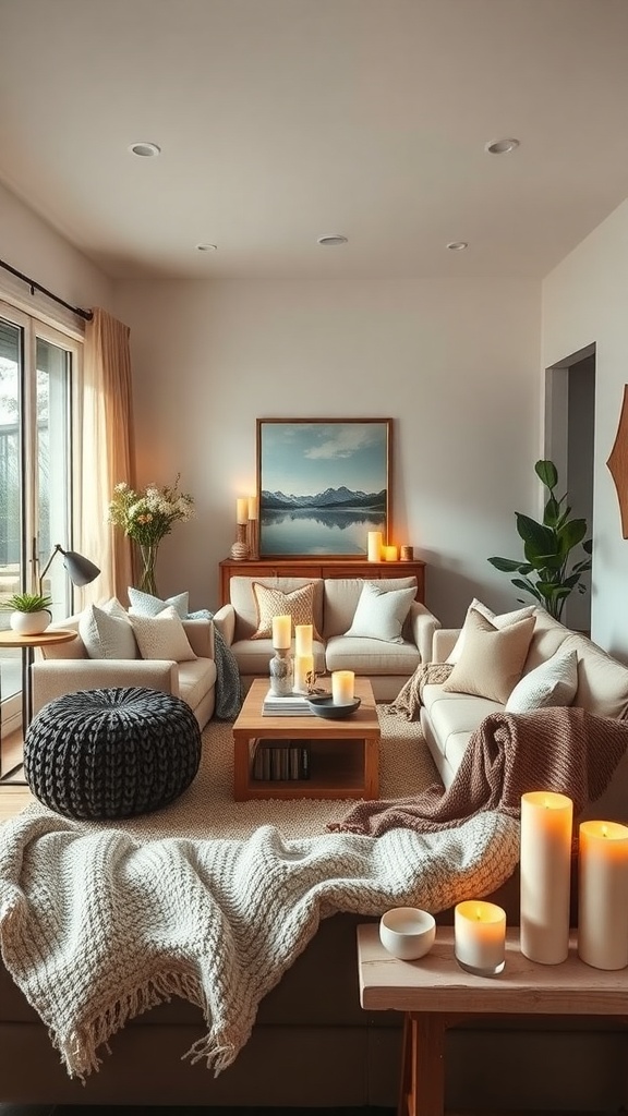 Cozy sunken lounge with soft furnishings, candles, and natural elements