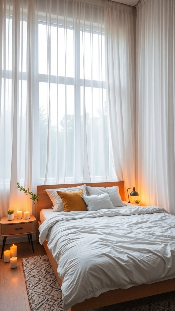 A cozy bedroom with white curtains, a neatly made bed, and glowing scented candles on the nightstand.