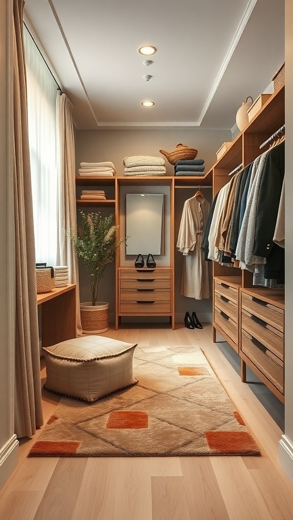 A cozy walk-in closet featuring soft curtains, a plush area rug, and wooden storage units.