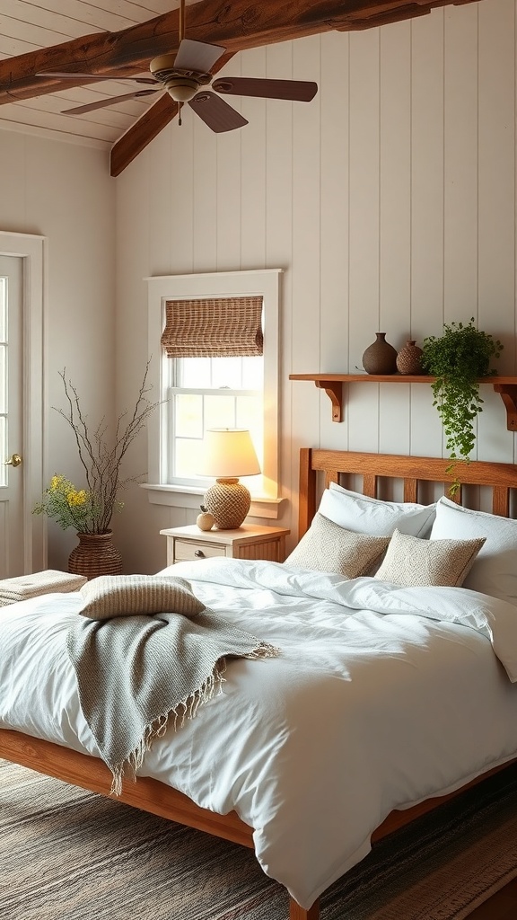 Cozy farmhouse bedroom with wooden bed, white bedding, and natural decor