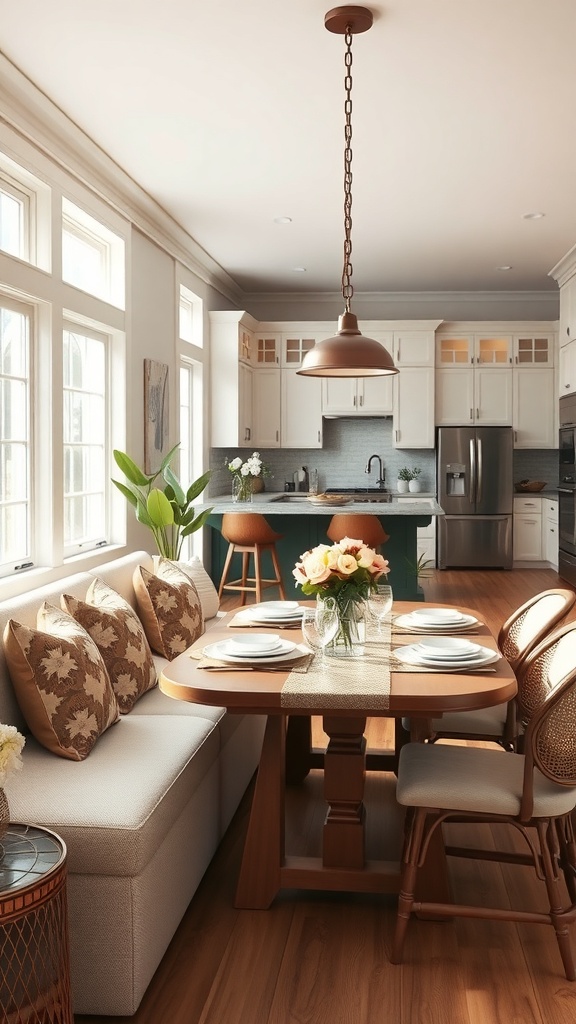 A cozy breakfast nook featuring a banquette with cushions, a wooden table, and natural light from large windows.