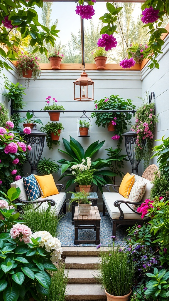 A cozy garden nook with seating, surrounded by colorful flowers and plants.