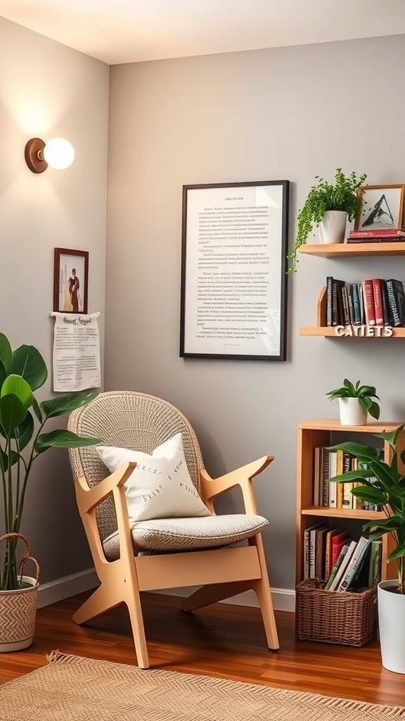 A cozy reading corner featuring a stylish chair, bookshelves, plants, and warm lighting.