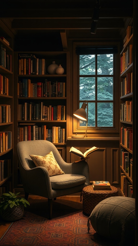 Cozy reading nook with a comfortable chair and bookshelves