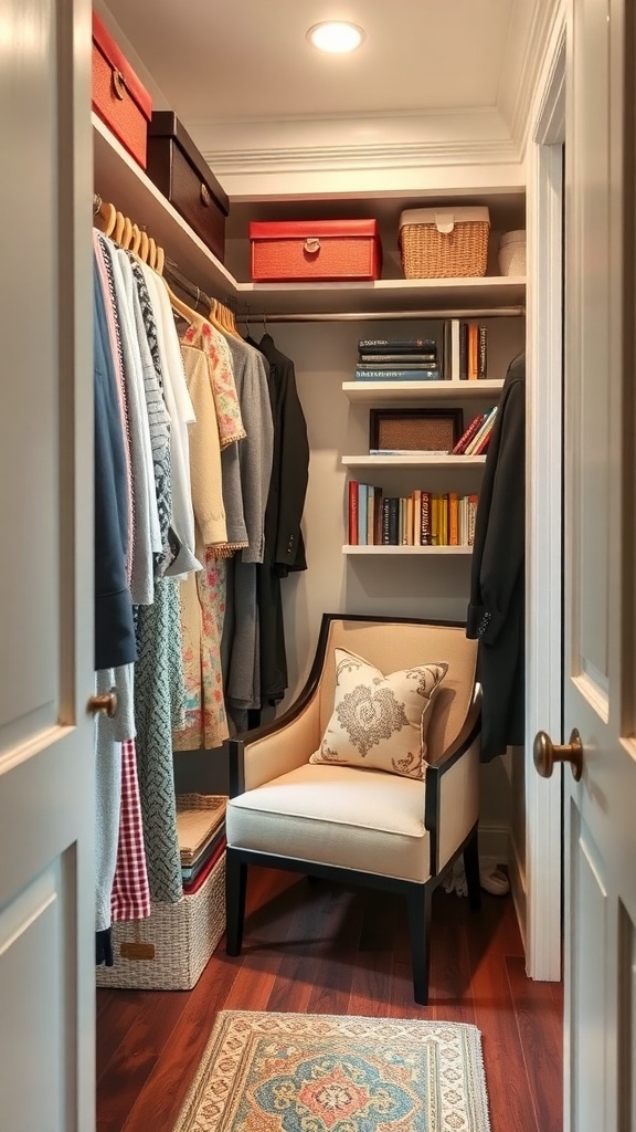 Cozy reading nook in a walk-in closet with a chair and organized shelves
