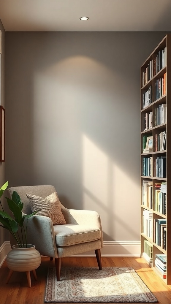 Cozy reading nook with a chair, bookshelf, and plant.