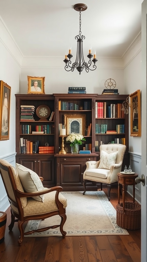 A cozy reading nook featuring vintage bookshelves, elegant chairs, and a chandelier.